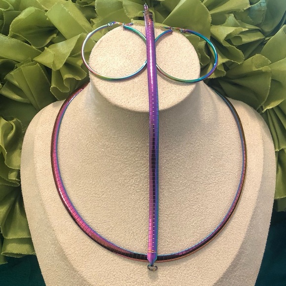 Multi-Color Stainless Steel Omega Necklace Bracelet & Earrings Set - Picture 5 of 7